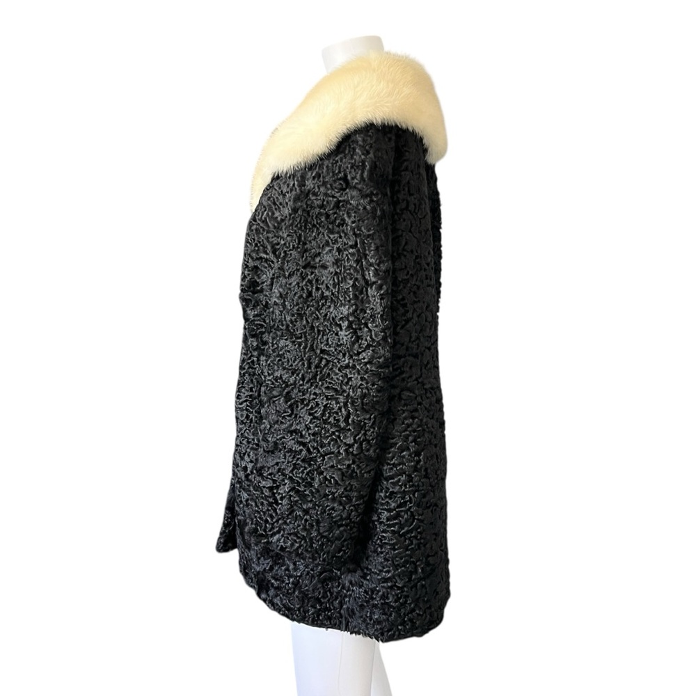 Vintage 50s 60s Crown Monarch Black Curly Lamb Fur Coat Mink Collar Soft View 3